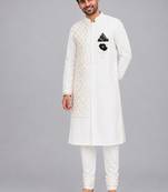 White embroidered cotton silk bandhgala and pant