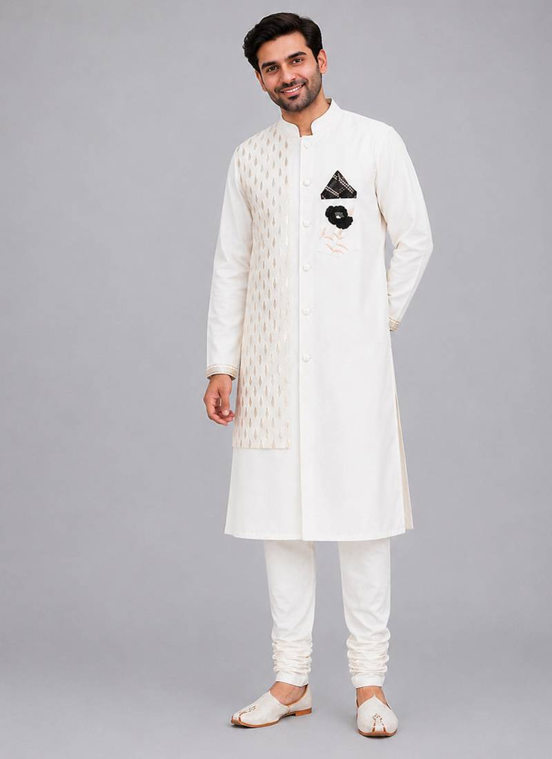 White embroidered cotton silk bandhgala and pant