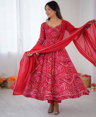 Red rayon gotta patti flared gown set 1