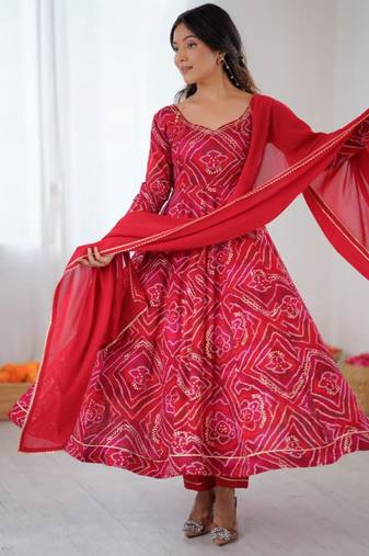 Red rayon gotta patti flared gown set