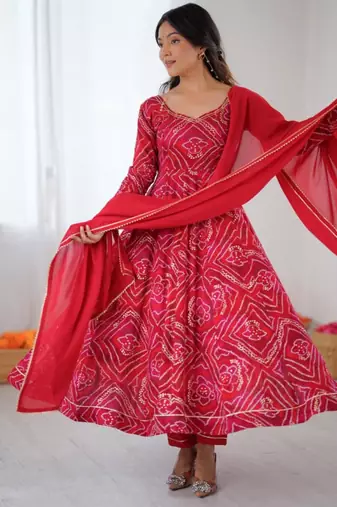 Red rayon gotta patti flared gown set