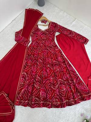 Red rayon gotta patti flared gown set 4