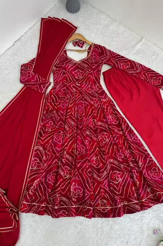 Red rayon gotta patti flared gown set