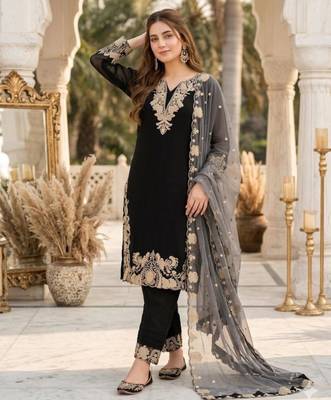 Black faux georgette embroidered kurta set 3