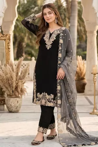 Black faux georgette embroidered kurta set