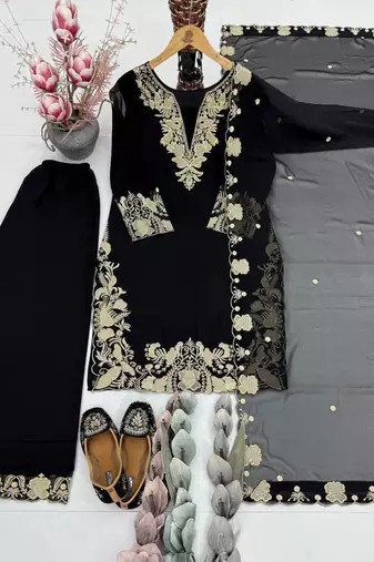 Black faux georgette embroidered kurta set