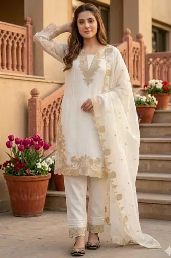 White faux georgette embroidered kurta set