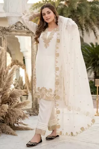 White faux georgette embroidered kurta set