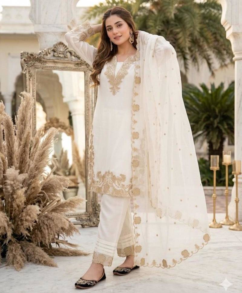 White faux georgette embroidered kurta set