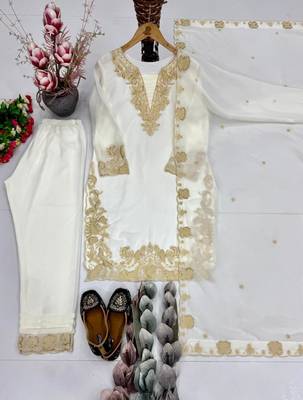 White faux georgette embroidered kurta set 4