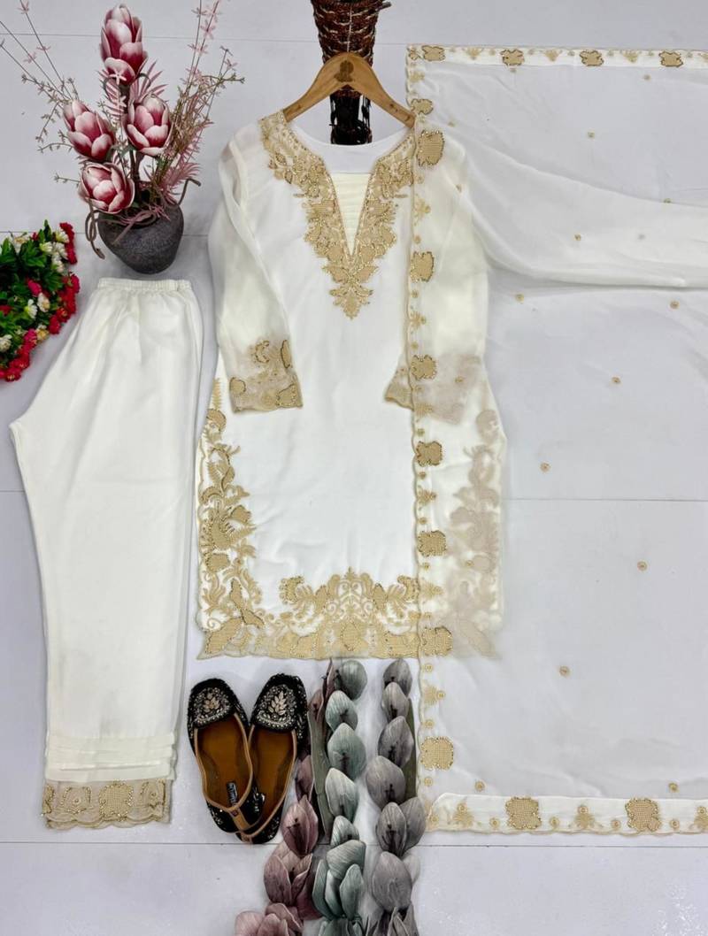 White faux georgette embroidered kurta set