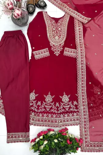 Red crepe embroidered kurta set