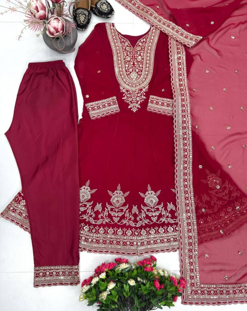 Red crepe embroidered kurta set