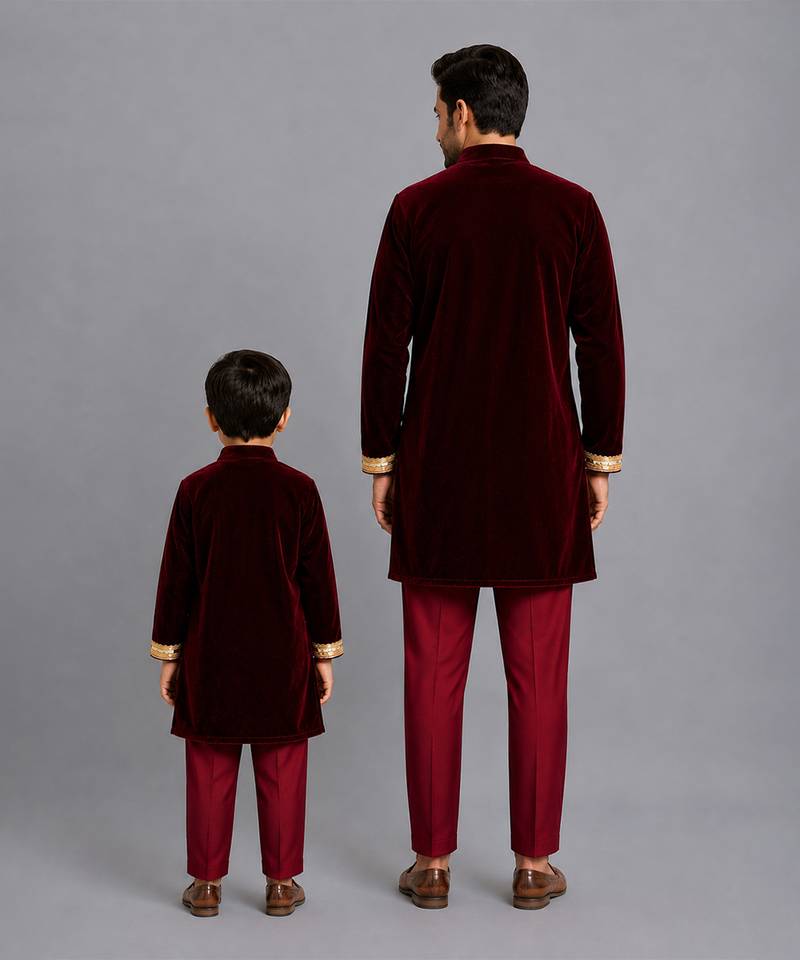 Maroon embroidered velvet bandhgala and pant