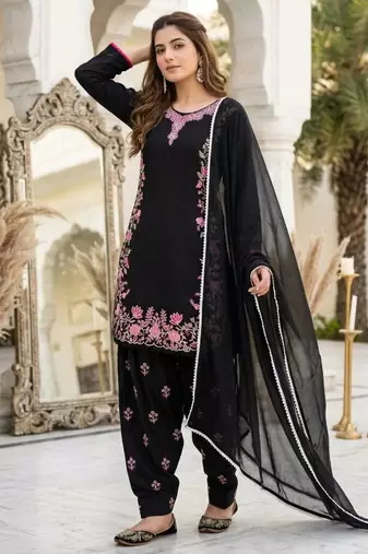 Black silk blend embroidered farshi salwar set