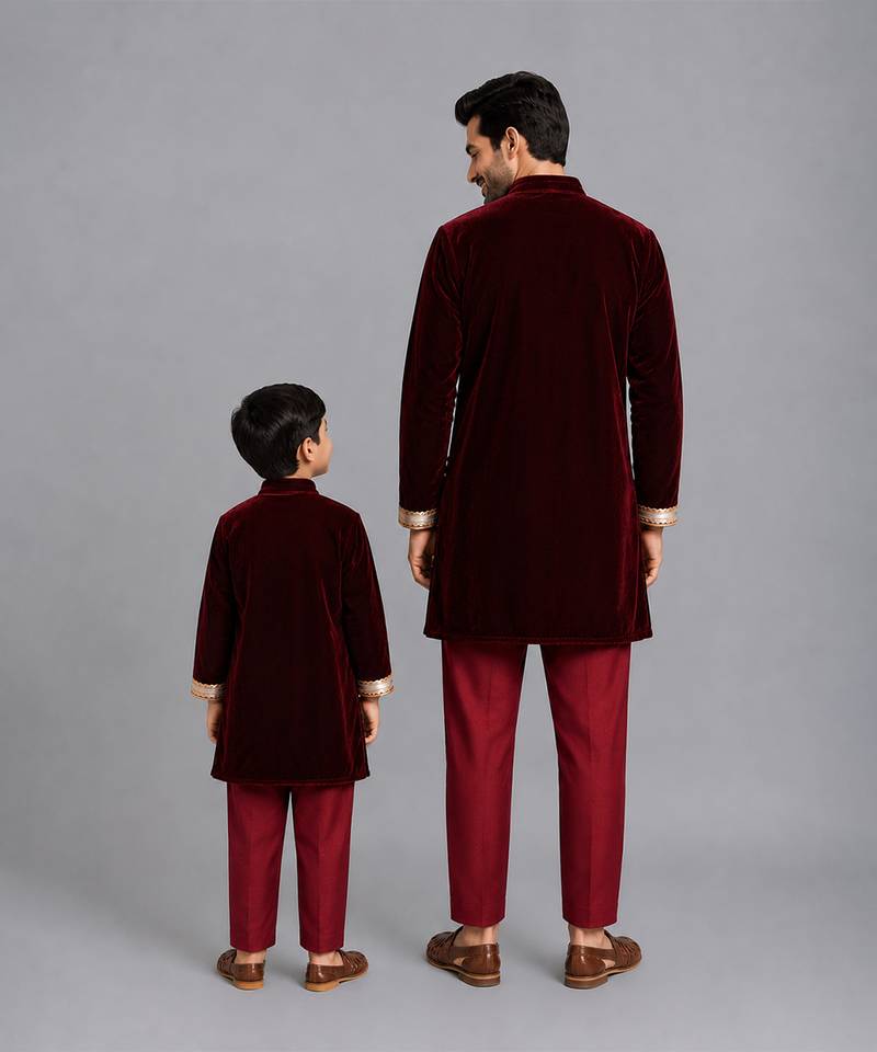 Maroon deer embroidered velvet bandhgala and pant
