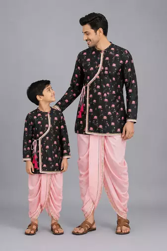 Black floral printed cotton silk kurta set