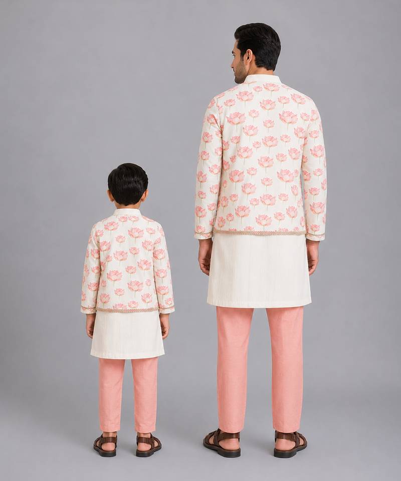 Off white floral printed cotton silk Men Kurta Set