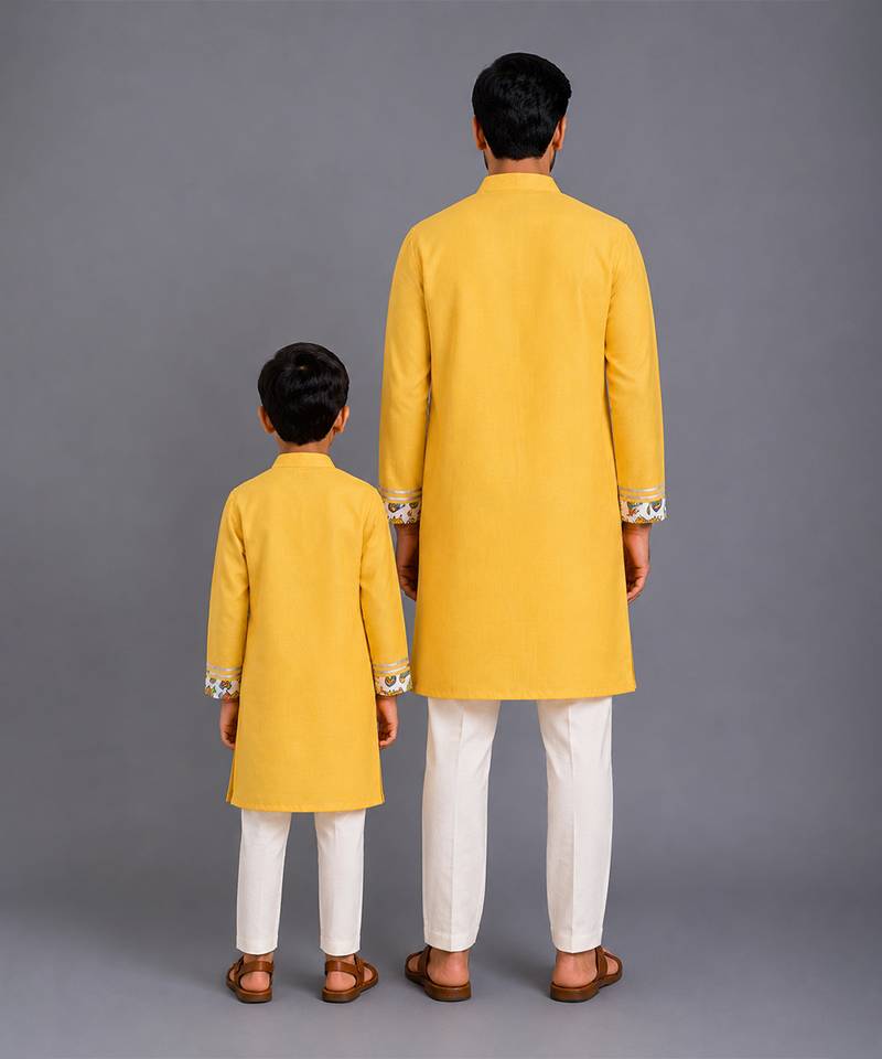 Mustard yellow printed cotton kurta set