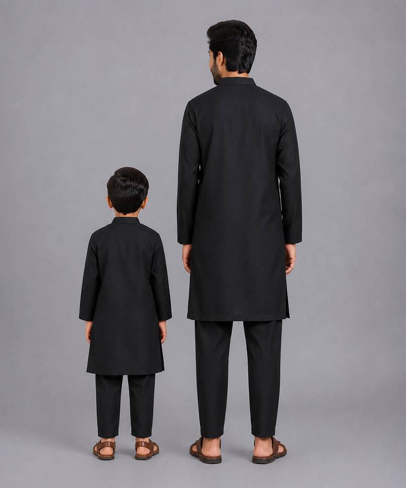 Black printed cotton silk Men Kurta Set