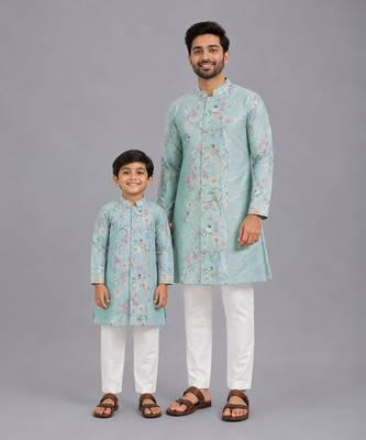 Powder blue printed cotton silk Men Kurta Set 1