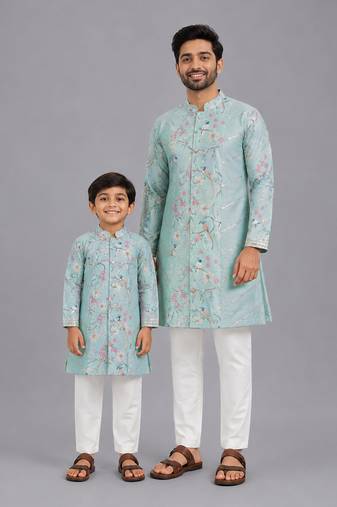 Powder blue printed cotton silk kurta set