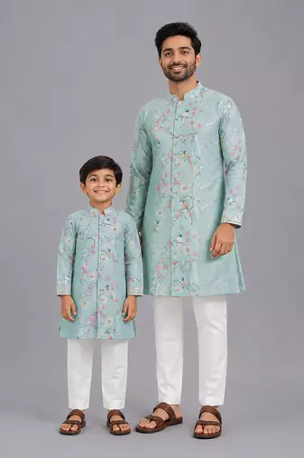 Powder blue printed cotton silk kurta set