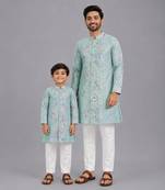 Powder blue printed cotton silk Men Kurta Set
