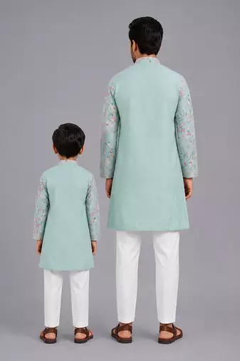 Powder blue printed cotton silk Men Kurta Set