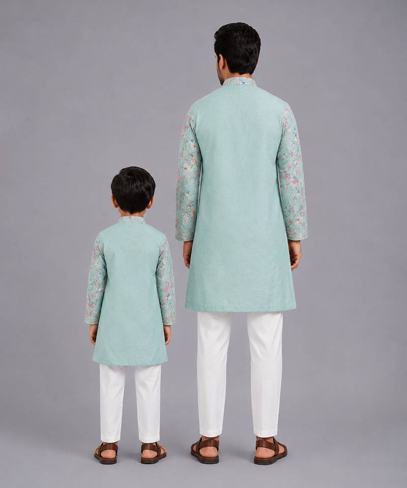 Powder blue printed cotton silk Men Kurta Set