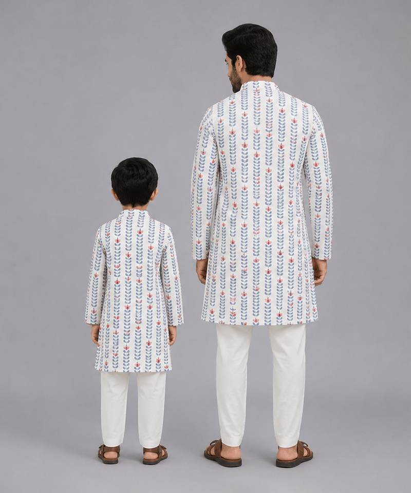 White coral red printed cotton silk Men Kurta Set