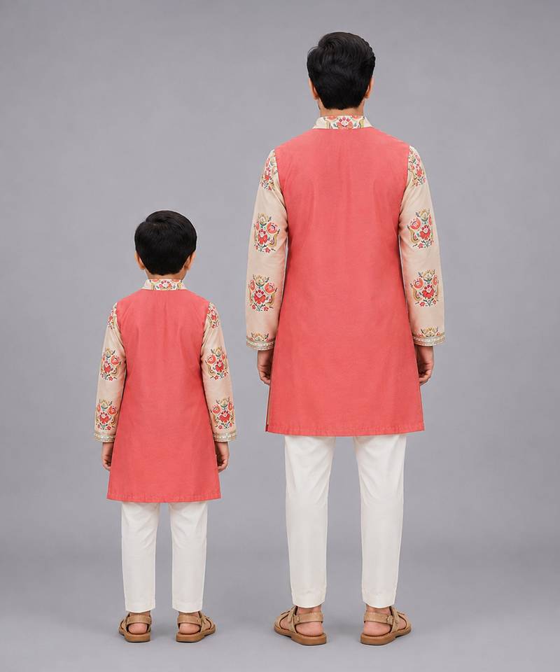 Peach beige printed cotton silk Men Kurta Set