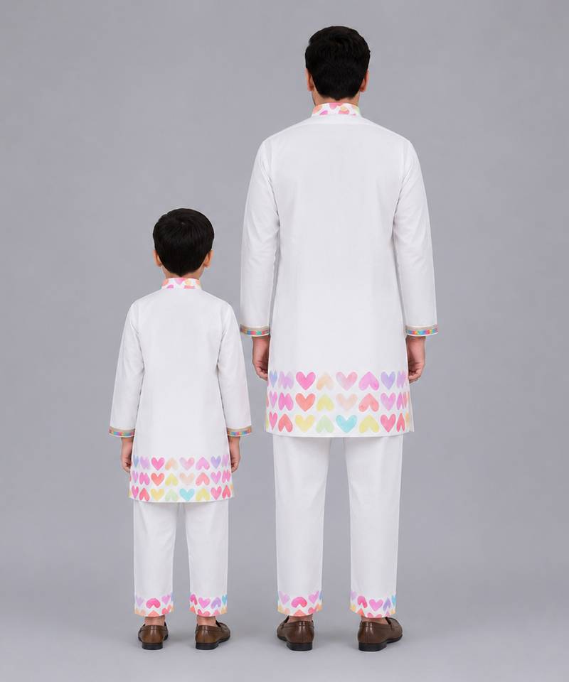White heart printed cotton kurta set