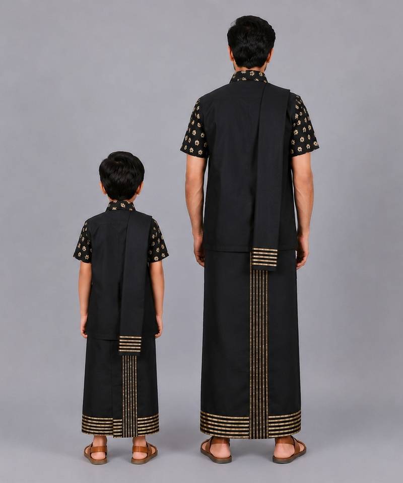 Black printed cotton silk mundu shirt set