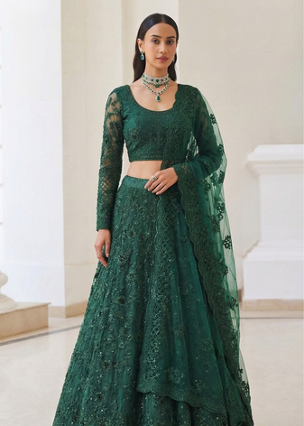 Green Butterfly Net fabric with Embroidered  Resham  Sequence  Thread work Lehengas For Your Wedding Look
