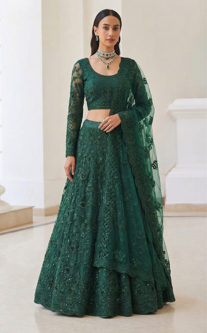 Green Butterfly Net fabric with Embroidered, Resham, Sequence, Thread work Lehengas For Your Wedding Look