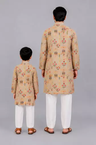 Beige printed cotton silk kurta set