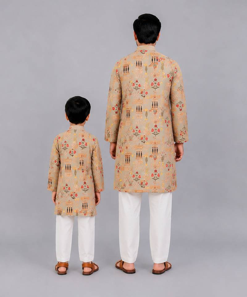 Beige printed cotton silk kurta set