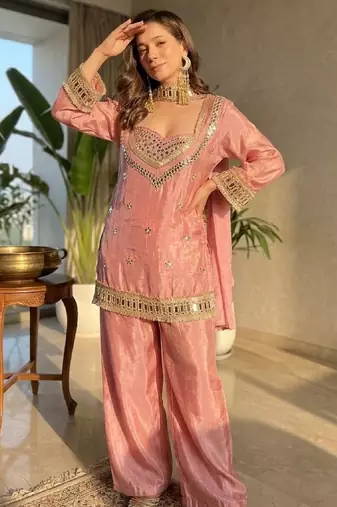 Women's pink chinon embroidered kurta set with dupatta and palazzo- ethnic party wear