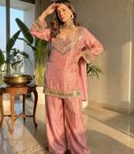 Women's pink chinon embroidered kurta set with dupatta and palazzo- ethnic party wear