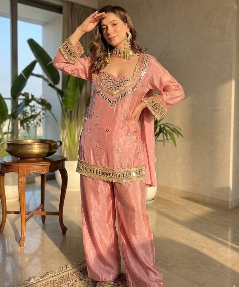 Women's pink chinon embroidered kurta set with dupatta and palazzo- ethnic party wear