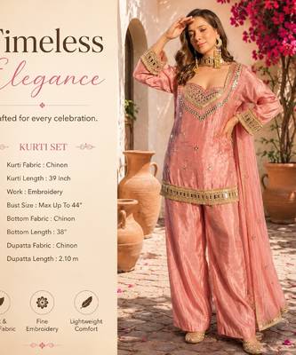 Women's pink chinon embroidered kurta set with dupatta and palazzo- ethnic party wear 2