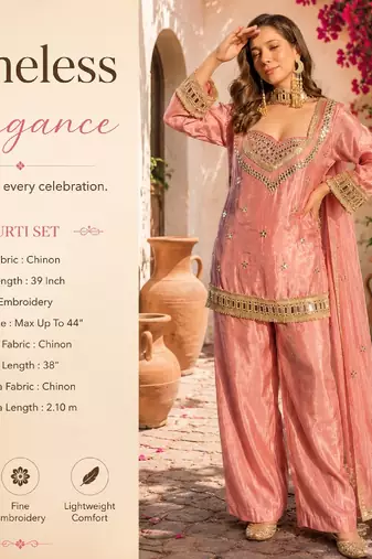 Women's pink chinon embroidered kurta set with dupatta and palazzo- ethnic party wear