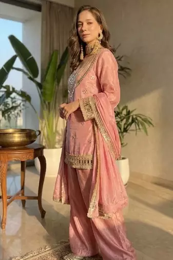 Women's pink chinon embroidered kurta set with dupatta and palazzo- ethnic party wear