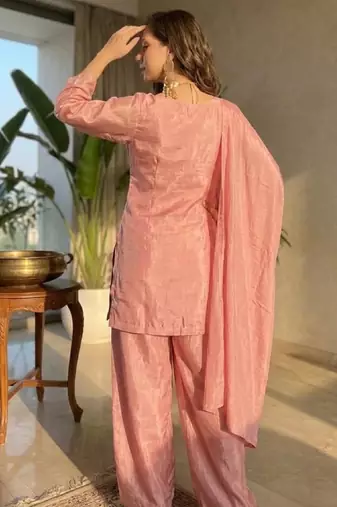 Women's pink chinon embroidered kurta set with dupatta and palazzo- ethnic party wear