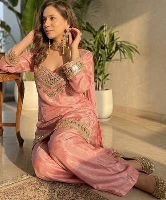 Women's pink chinon embroidered kurta set with dupatta and palazzo- ethnic party wear 5
