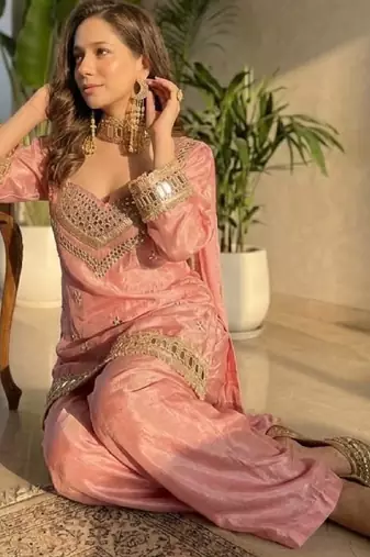 Women's pink chinon embroidered kurta set with dupatta and palazzo- ethnic party wear