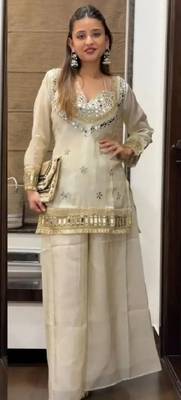 Women's white chinon embroidered kurta set with dupatta and palazzo- ethnic party wear 1