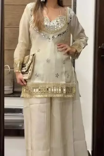 Women's white chinon embroidered kurta set with dupatta and palazzo- ethnic party wear