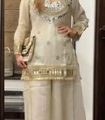 Women's white chinon embroidered kurta set with dupatta and palazzo- ethnic party wear